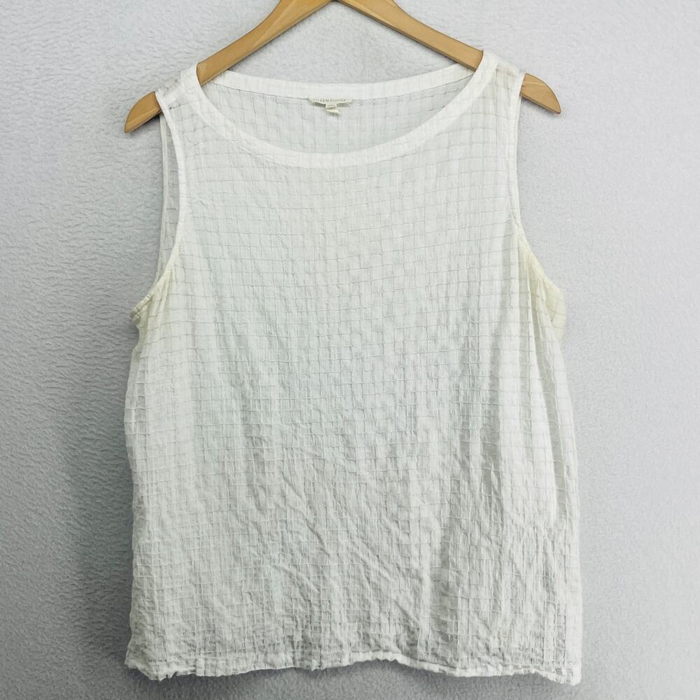 EILEEN FISHER Top L Organic Cotton Voile Box Boat Neck Sleeveless Sheer White